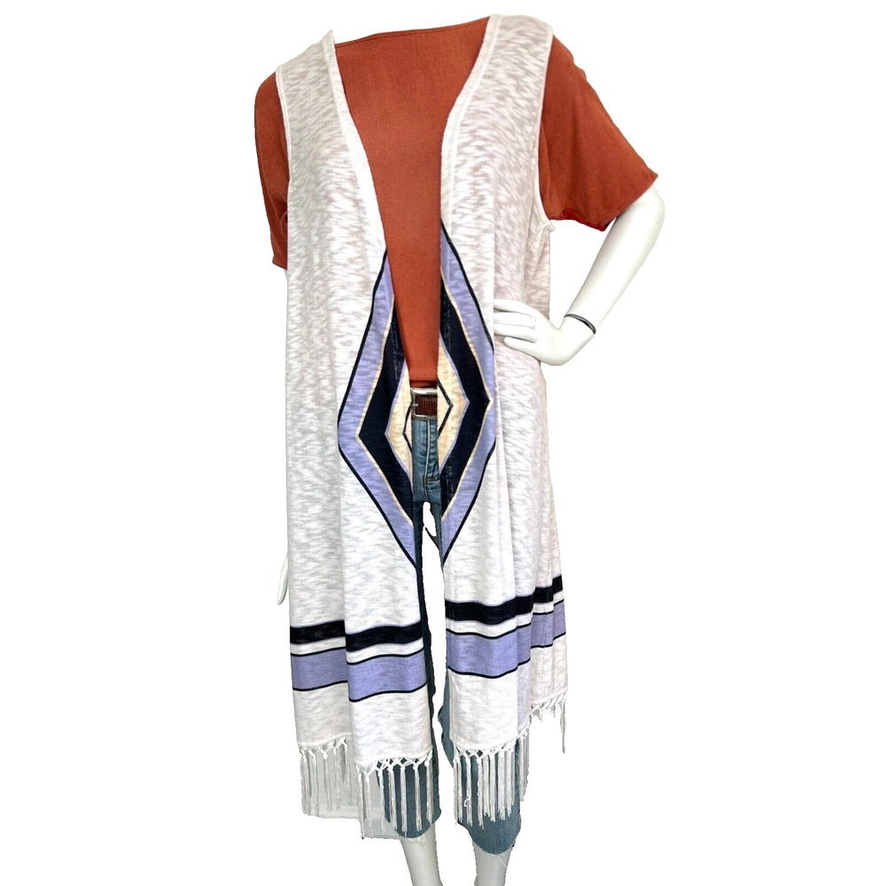 NEW Vicki Wayne Boho SW Vest Open Front Fringe Duster Diamond Sleeveless White M - Picture 8 of 10